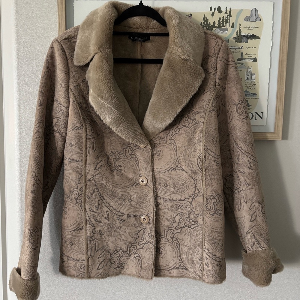 eStudio Faux Fur Beige Suede Jacket with Floral Print Size Medium